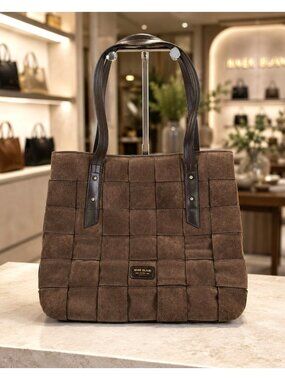 River Island Brown Suede Purse Woven Handbag Tote Bag w Leather Handles